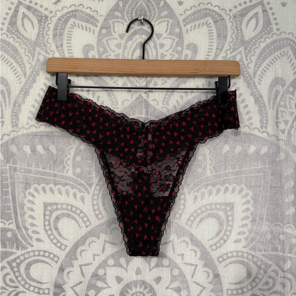 Nwt $12 Victorias Secret Lace Thong Panty Black Red Hearts Valentines Day XL